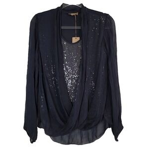 Carla Conti Sz M 100% Silk Navy Blue Long Sleeve Layered Look Sequin Blouse NWT